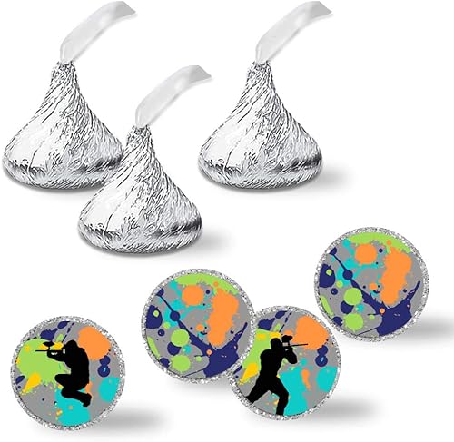 AmandaCreation - Etiquetas adhesivas para fiestas de cumpleaños con temática de paintball, 300 adhesivos circulares de fiesta de 0.75 pulgadas para