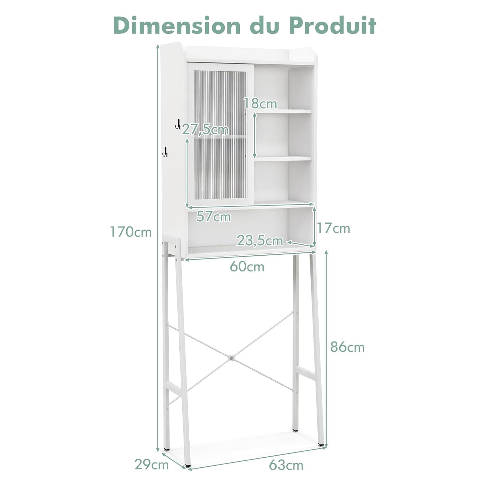 GOPLUS Meuble WC au-Dessus de Toilettes, Porte Coulissante en Acrylique, Étagères Crochets Réglables, Cadre en Métal, Meuble Rangement au Machine à Laver, 63x29x170cm (Blanc)