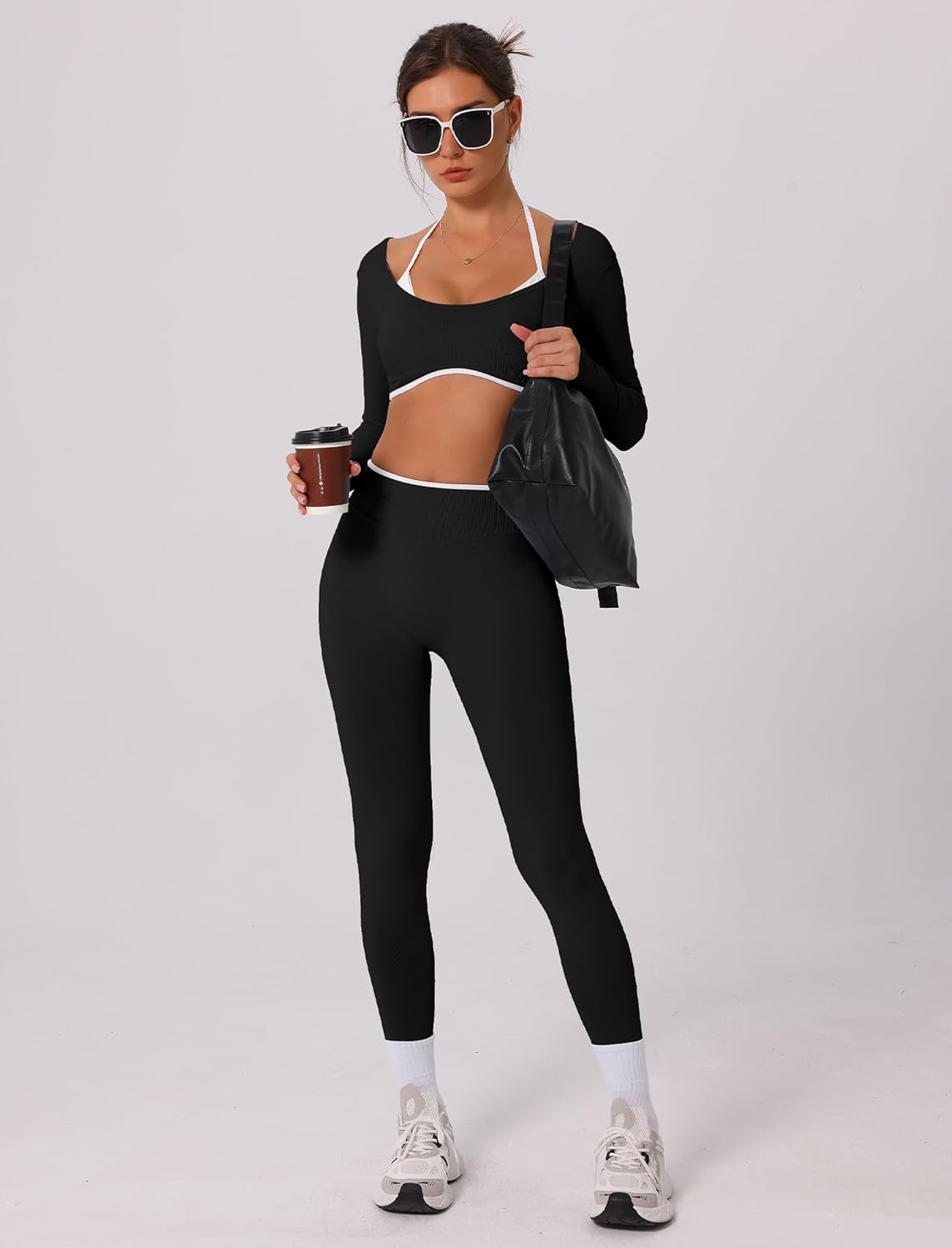 2 Piece Workout Sets for Women Contrast Panel Long Sleeve Halter Crop Top and High Waist Leggings Jogger Outfits - Image 4