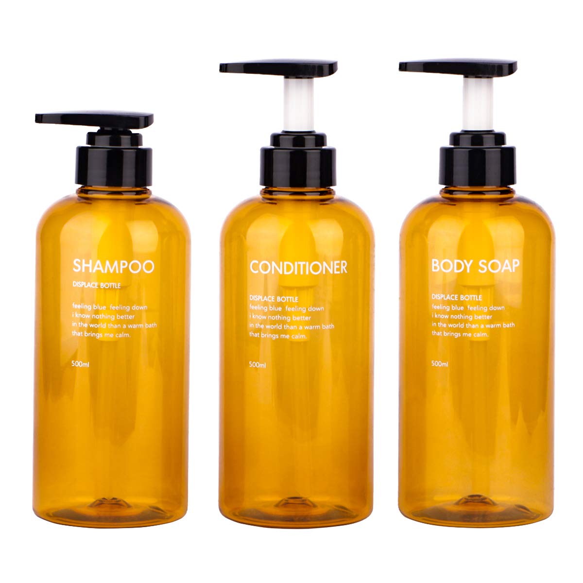Yeeco Pump Dispenser Bottles, 3 PCS Plastic Pump Bottle 16.9oz/500ml Empty Refillable Pump Lotion Bottle Set for Body Soap Shampoo Conditioner with Pump-Brown