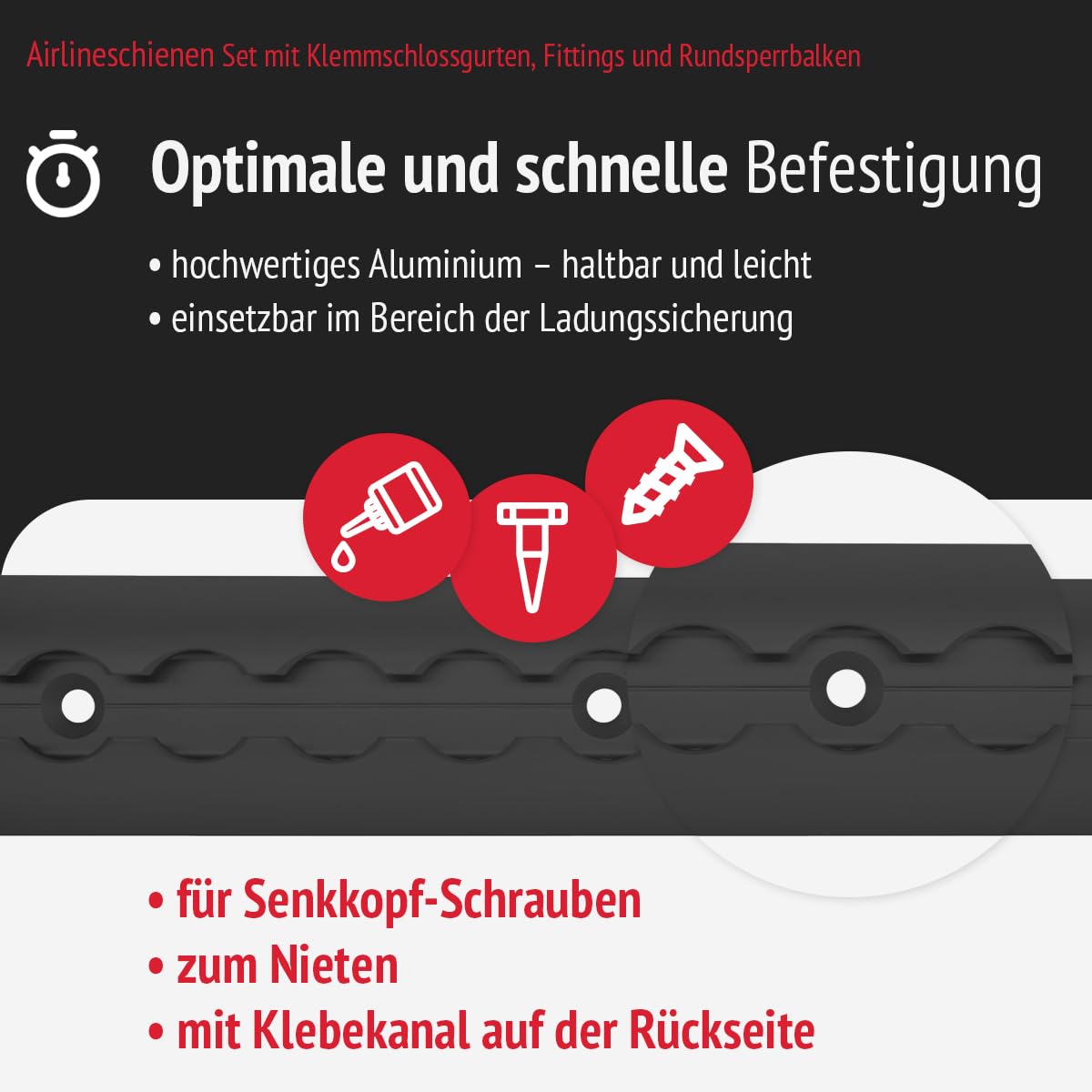 Set Schwarze halbrunde Airlineschienen 1.0 m, passende Endkappen, Klemmschlossgurte, Fittinge und Rundsperrbalken. KTL-beschichtet Zurrschiene für Transporter, Wohnwagen, Sprinter, Anhänger