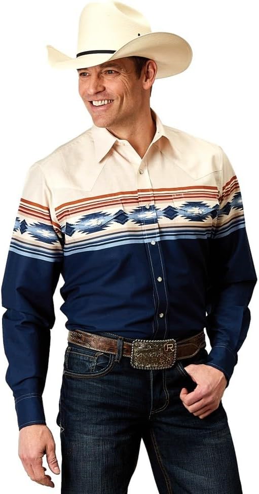 ROPER Men's Vintage Southwestern Border Print Long Sleeve Pearl Snap Western - 03-001-0431-0307 BU Medium