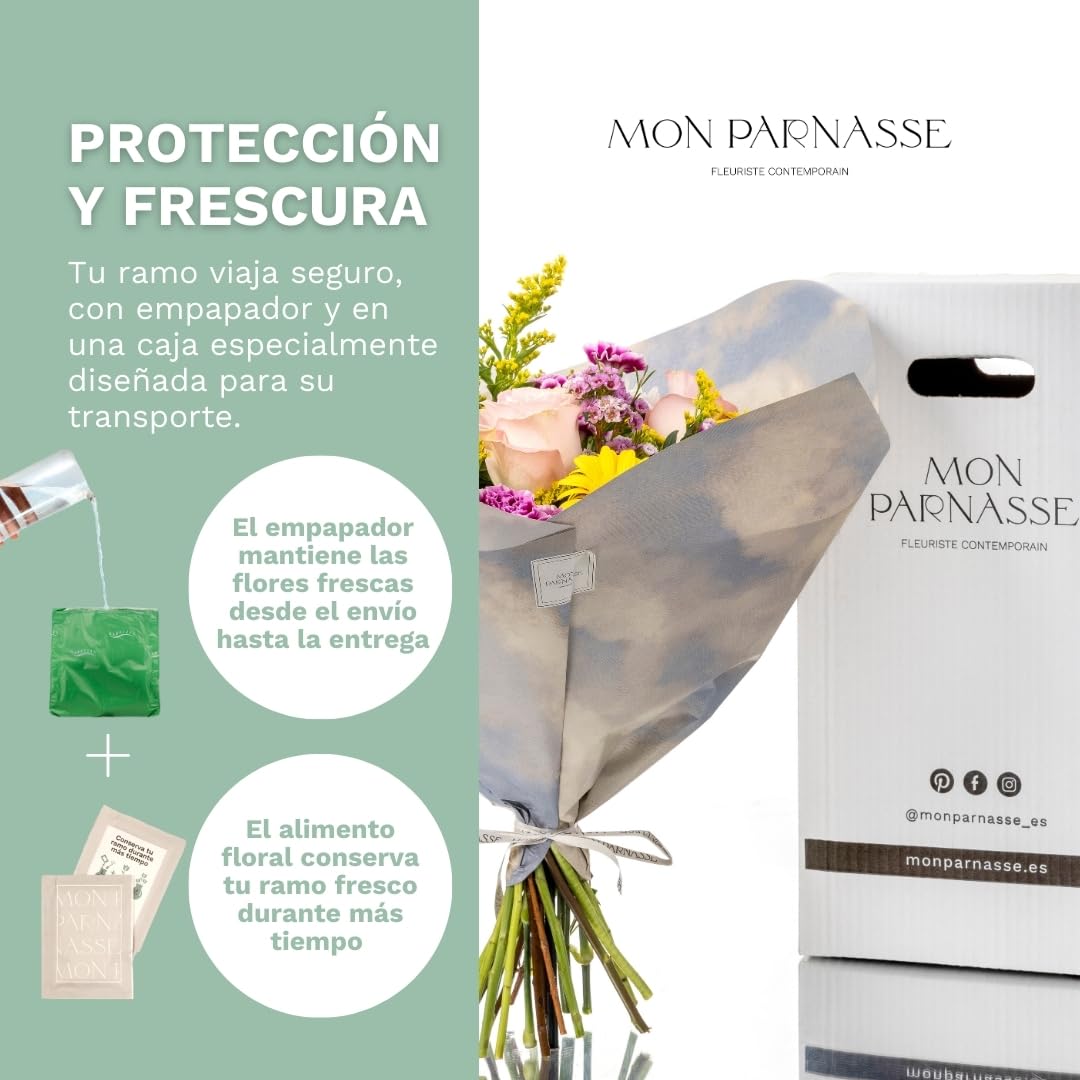 Mon Parnasse - Ramo de Flores Naturales con Dedicatoria, Incluye Tarjeta Personalizada, Set Alimento Floral, Envoltorio Elegante, Regalo, Frescura y Aroma - Plenitud