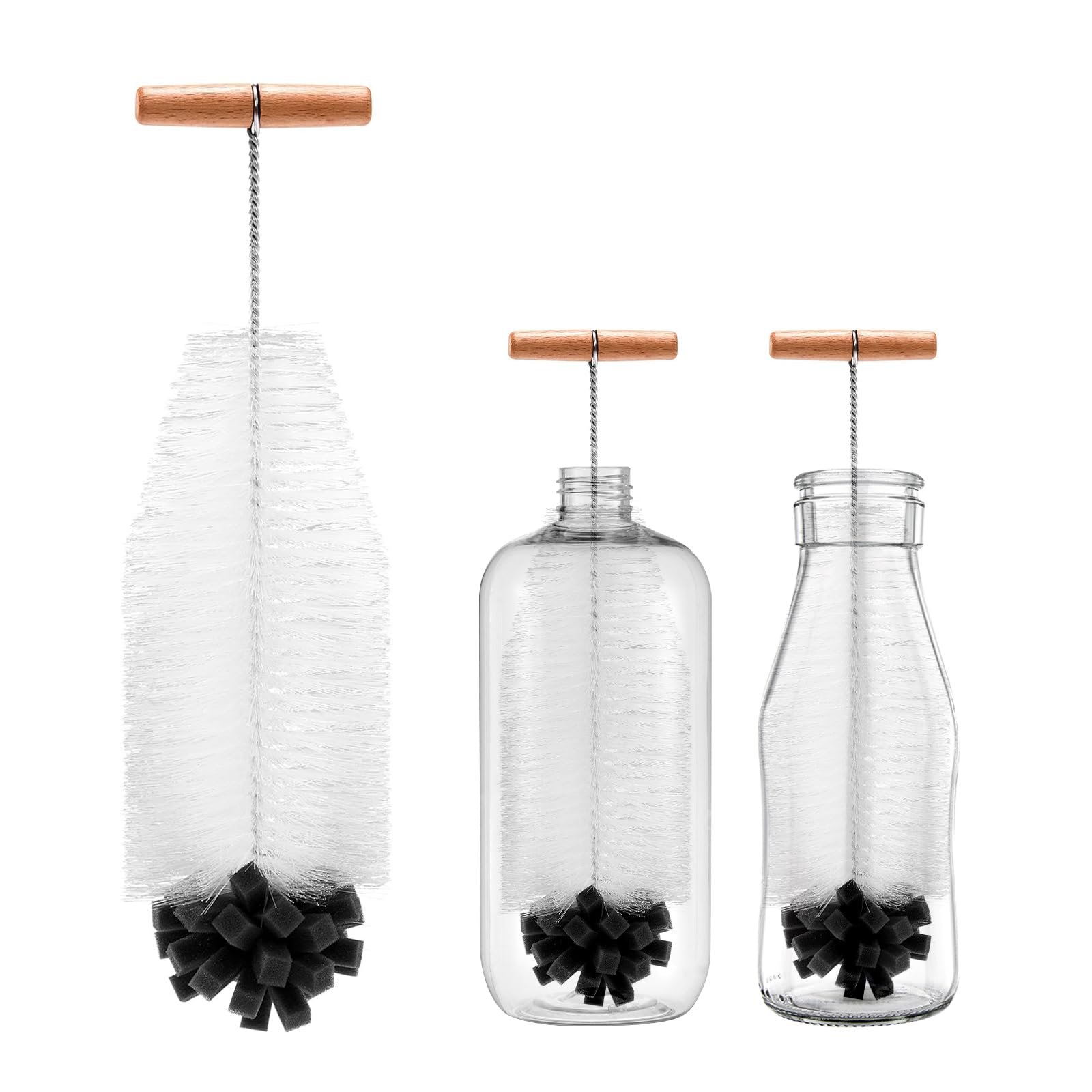 Cepillo para botellas, 35 cm, cepillo para botella compatible con SodaStream, limpieza profunda vidrio/biberón, escoba angular antiarañazos con mango de madera, cepillo denso para suciedad obstinada