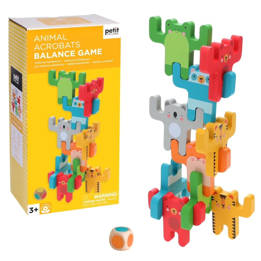 Petit Collage: Animal Acrobats | Wooden Balancing Games | Includes 24 Wooden Animal Pieces | Great for 2-4 Players Ages 3+