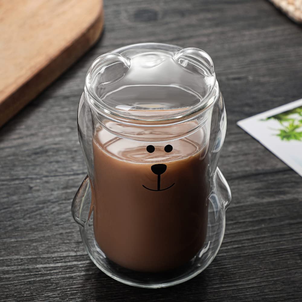 Double Walled Bear Glass Coffee Mug with Lid 14oz Cute Standing Bear Borosilicate Glass Mug for Coffee Tea Milk Beer Insulated Glass Espresso Cup Creative Birthday Gifts for Kids Adults (Clear)
