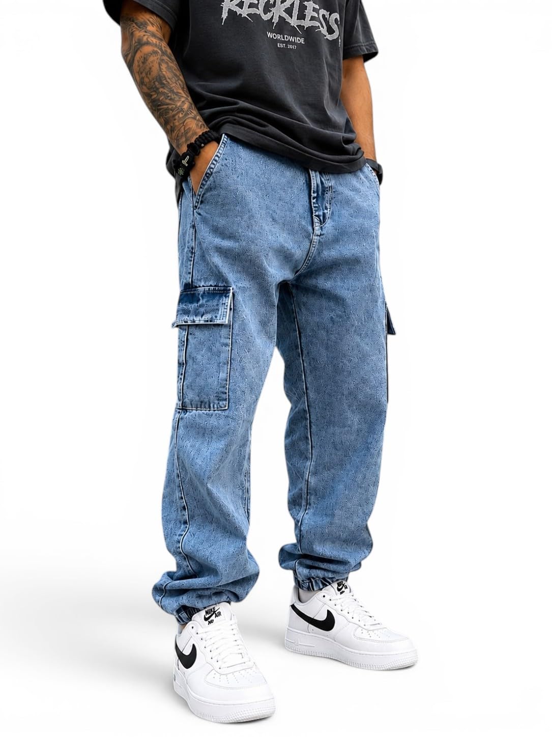 Men's Blue Cargo Jogger Jeans | Relaxed Fit Multi Pocket Denim Jogger Pants for Men | Streetwear Cargo Denim-image-33