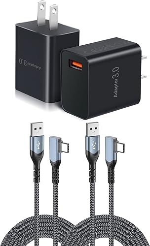Miniatura 1 de OKRAY Paquete de 2 adaptadores de corriente de carga rápida 3.0 de carga rápida QC de 18 W con 2 cables USB C de 10 pies, ángulo de 90 grados, kit