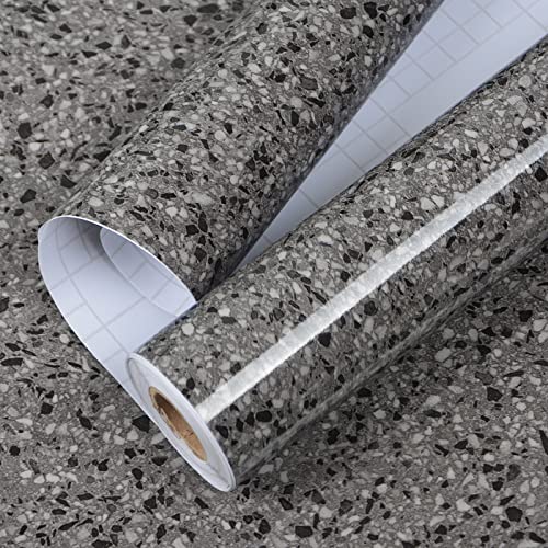 A-b-cil Black Gray Terrazzo Wallpaper 400' X 16' Granite Vinyl Countertop Contact Paper for Kitchen Counters Sinks Cover Top Laminate Stick and Peel Waterproof Wall Paper for Table Covers Stains