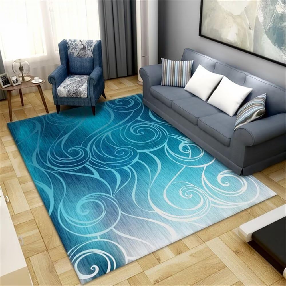 Tapis de salon bleu moderne 160x230 anti-acariens et rayé