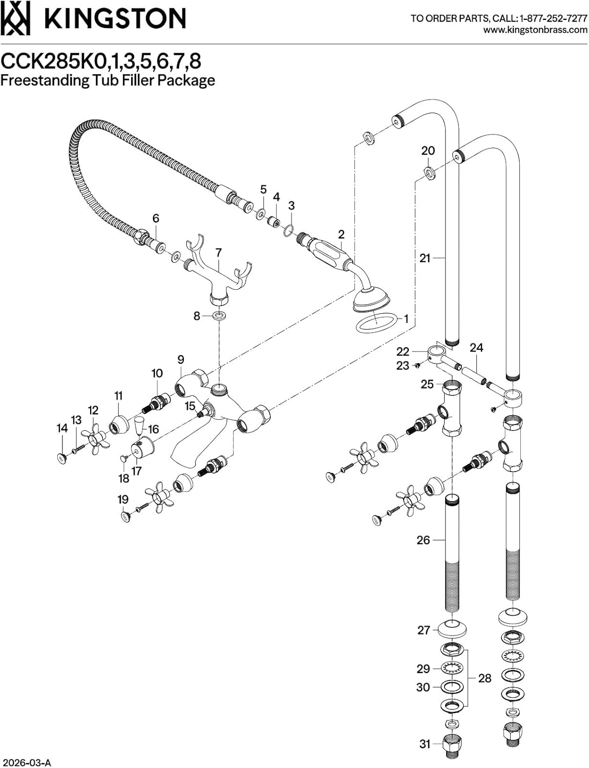 Kingston Brass CCK285K6 Kingston Freestanding Tub Faucet with Supply Line and Stop Valve, Polished Nickel