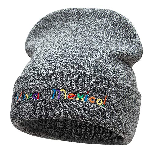 Viva Mexico Spanish Phrase Embroidered Long Knitted Beanie - Black Marled OSFM