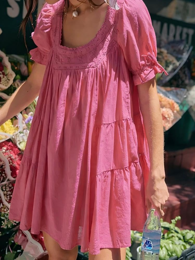 Miniabito Babydoll Y2K da Donna con Bordi in Pizzo e Maniche a Palloncino – Abito Corto e Fluido, Ideale per Le Serate, con Fiocchetto e Volant