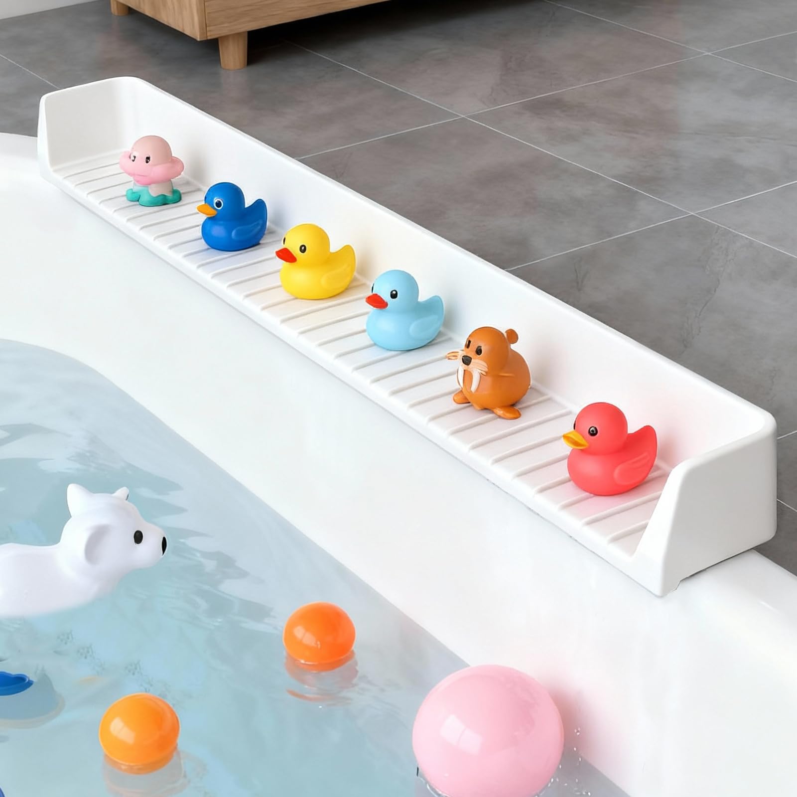 Dreamtop Protector contra salpicaduras para bañera, estante de juego de 2.6 pies para baño, bandeja de juguetes para bañera, protector de salpicaduras de silicona para evitar derrames de agua en el