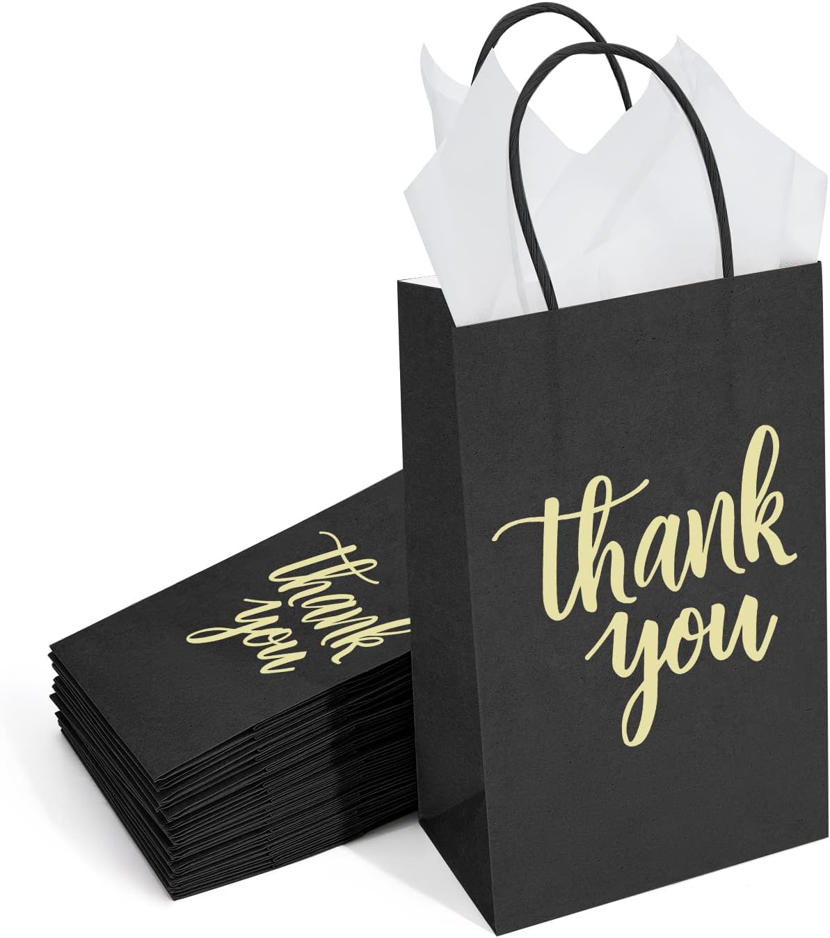 DjinnGlory 50 Pack Small Black Thank You Paper Gift Bags with Handles 9x5.5x3.15 Inch and Tissue Paper for Christmas Gifts, Wedding Bridal Baby Shower Graduation Party Goodies - Image 2