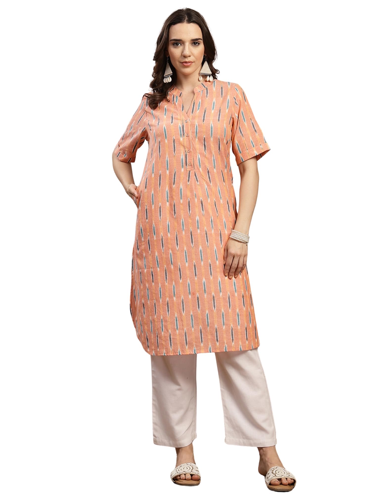 zelena Ikat Cotton Maternity Kurta | Nursing & Feeding Friendly Kurta with Front Button Access | Breathable Pregnancy & Postpartum Ethnic Wear with Pockets-picture-43