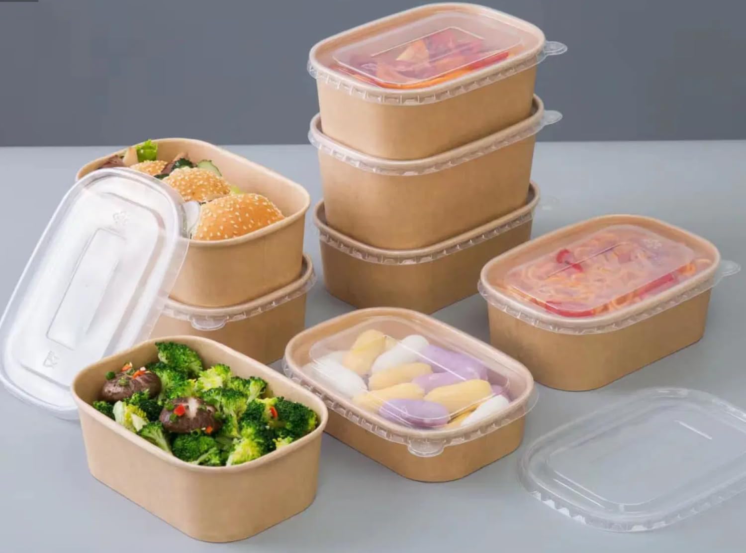 Hot Bargains Brown 650Ml Kraft Paper Food Containers With Reusable Plastic Lids, Rectangular Takeaway Boxes For Food Service, Pack Of 200
