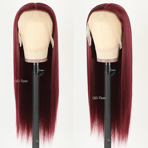 Miniatura 9 de QD-Tizer - Peluca de moda de cabello sintético largo lacio con encaje frontal para mujer