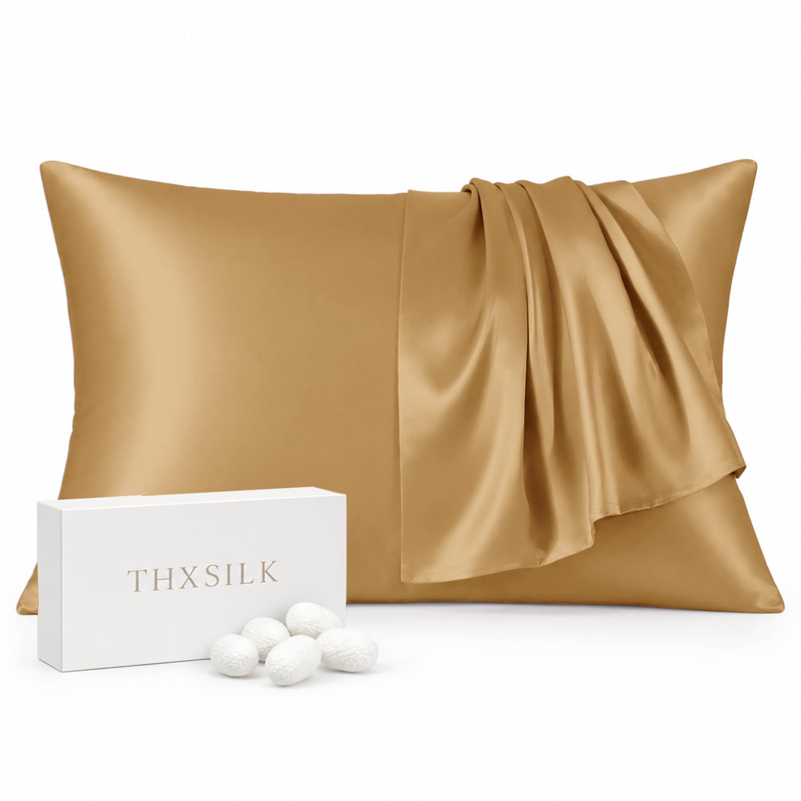 THXSILK 22 Momme Seide Kissenbezug - 100% Seide Kopfkissenbezug Sofakissenbezug - Anti milben Reißverschluss Seidenkissenbezug - Gold 50 x 75 cm