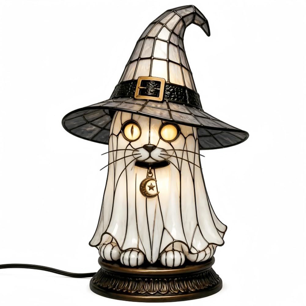 Stained Glass Style Witch Hat Lamp Gothic Halloween Table Decor Night Light