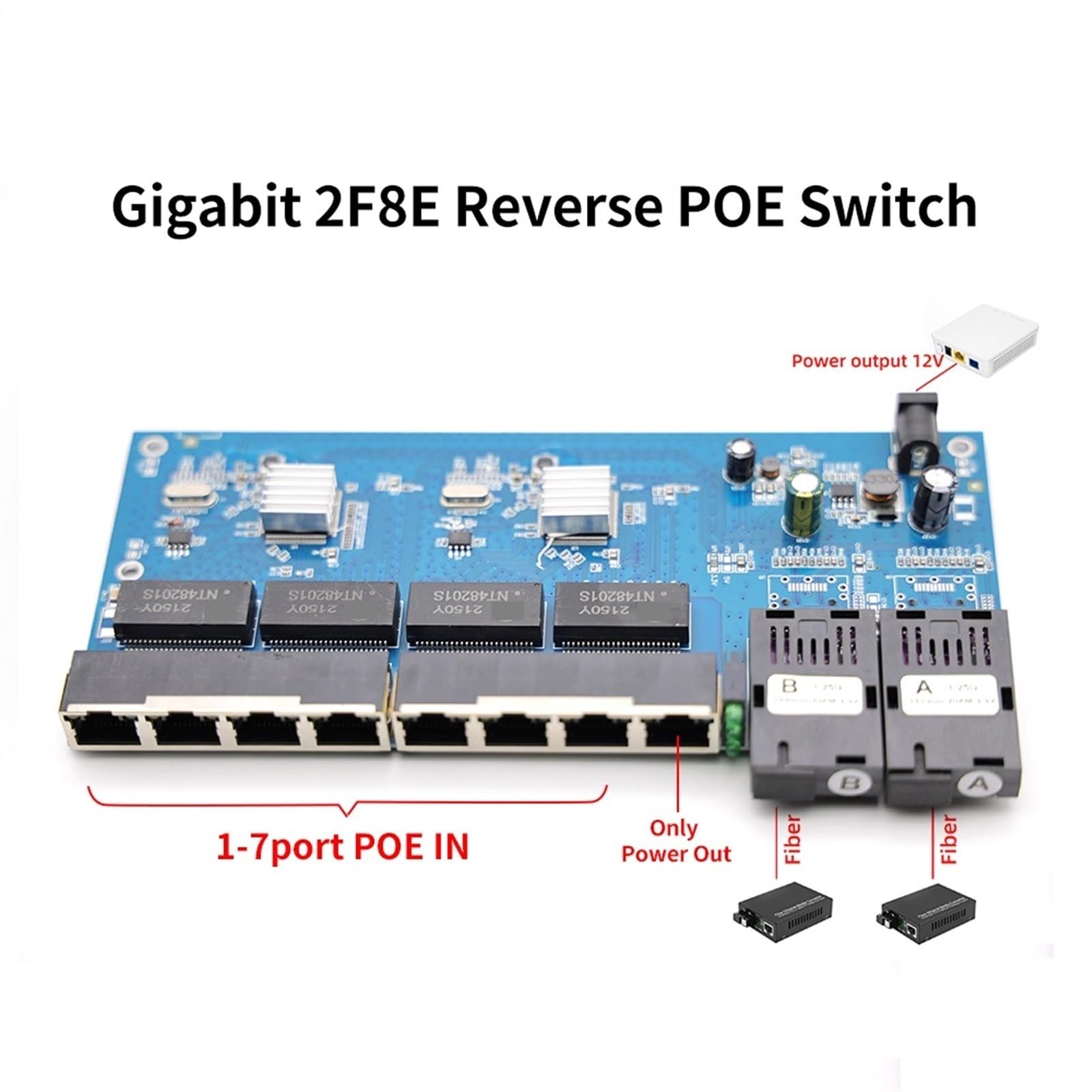 Commutateur Ethernet À Fiber Inversée 100/1000M, 20km 2F8E Gigabit PC-BA Placa Metro Optic Media Converter, Sortie De Carte 12V 1310/1550nm
