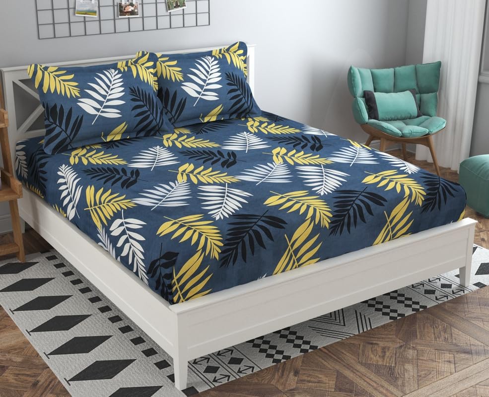 BSB HOME Premium Glace Cotton Flat Double Bedsheets with 2 Pillow Covers | Double Bed Breathable | Wrinklefree | Ultrasoft 180 TC Supersoft | 90 x 90 Inches, Chaddar | Leaf Print, Grey & Beige