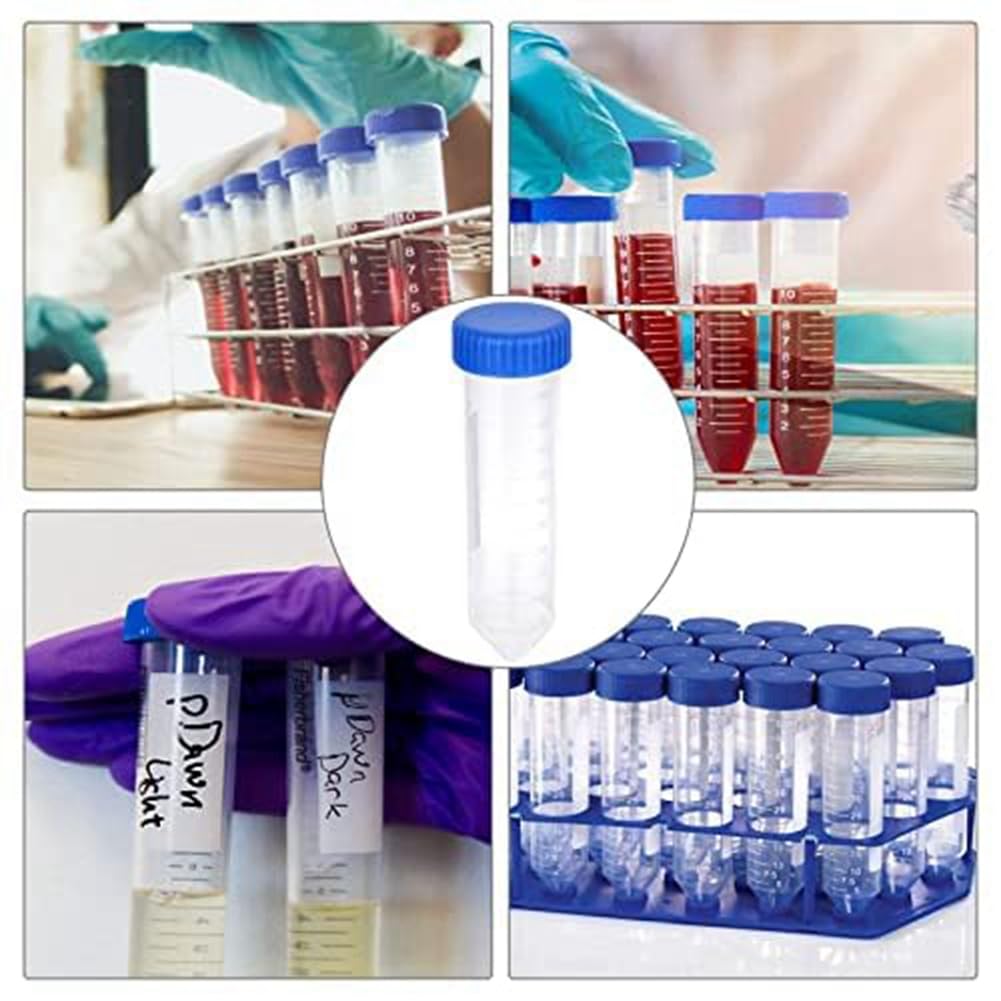 100 Pezzi con Marcature Graduate, Provette da Centrifuga da 50 Ml, Punti Scrivibili In Plastica e Tappi A Vite Blu.
