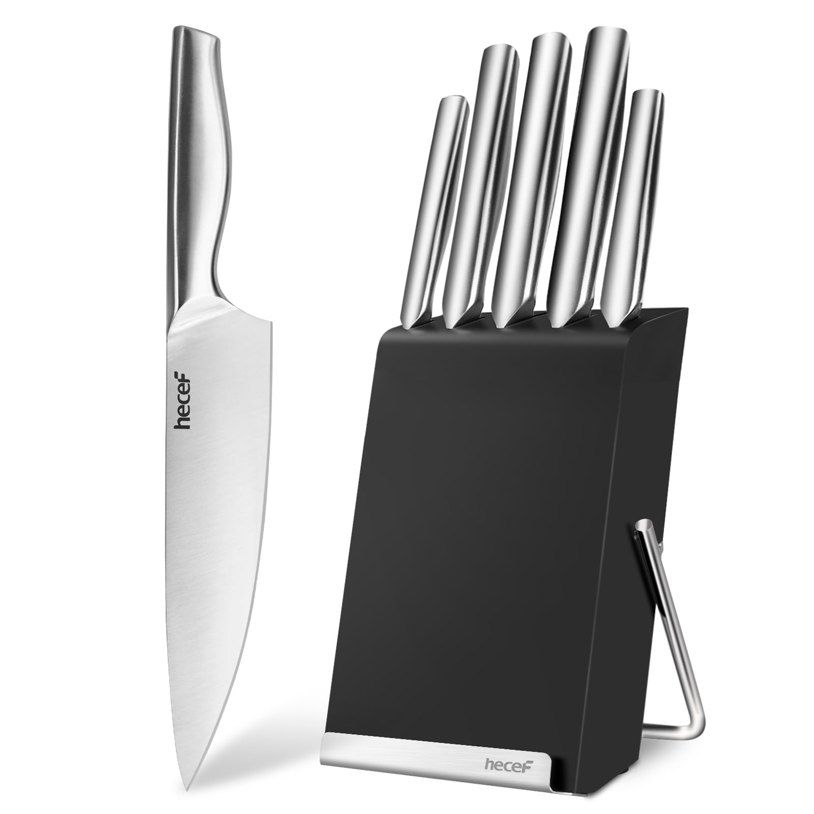 hecef Set Coltelli da Cucina con Ceppo In Legno, 6 Pezzi Coltello da Cucina da Acciaio Inox, Ceppo Coltelli con Mensola per Tagliere, Nero