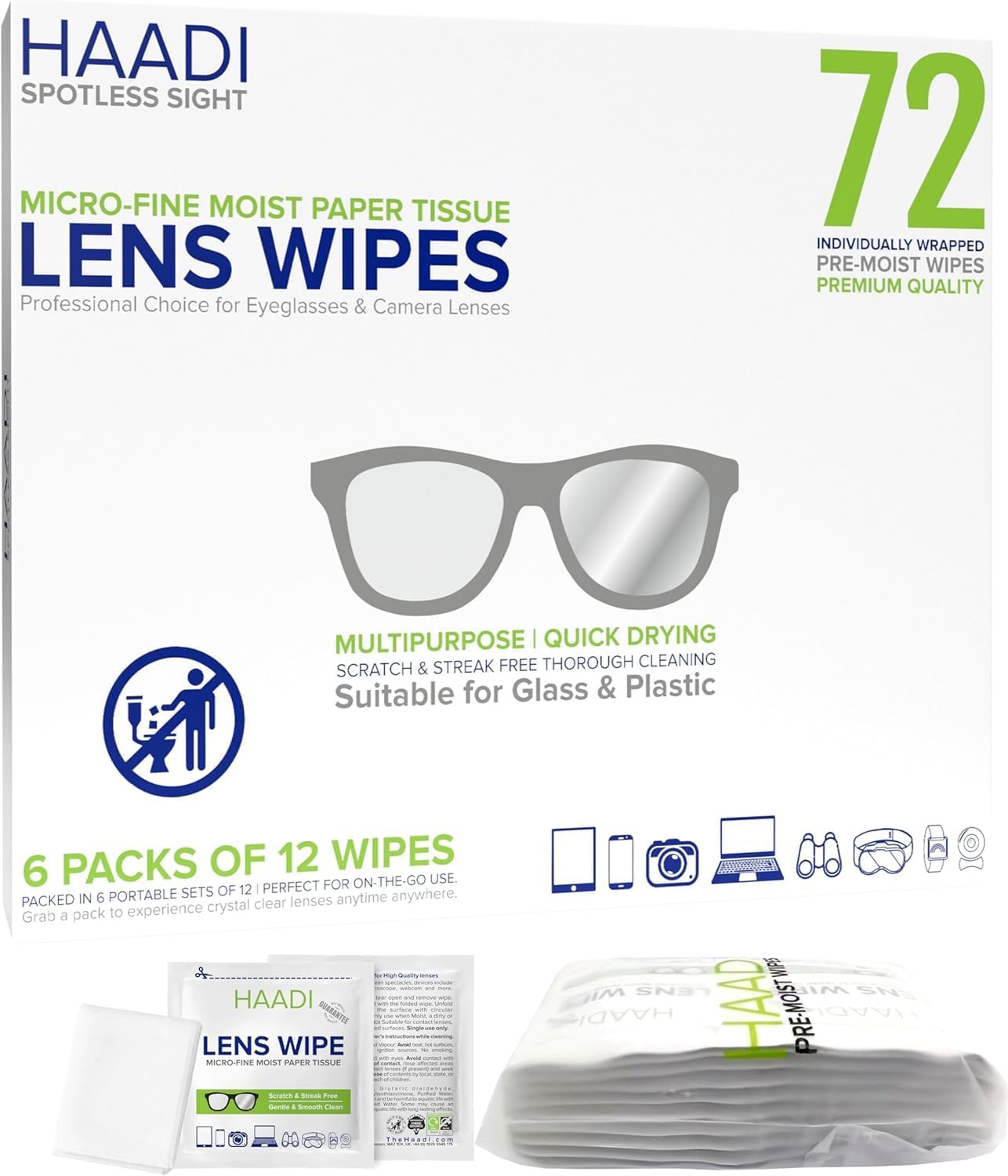 Glasses Cleaner Wipes 72 Individually Wrapped Lens Wipes Multipurpose Suitable for Spectacle Lenses, Cameras, Binoculars, Mirrors, Screens, Optical and Electronic Devices