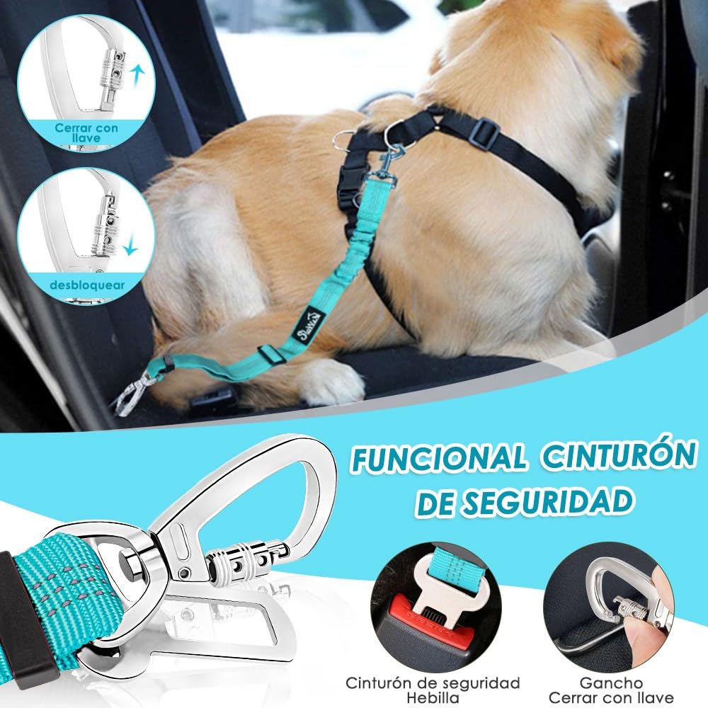 SlowTon Paquete de 2 Cinturones de Seguridad para Perros, Correa de Coche Amortiguador elástico Ajustable, Nailon de Alta Resistencia, Correa de Seguridad Reflectante para Mascotas