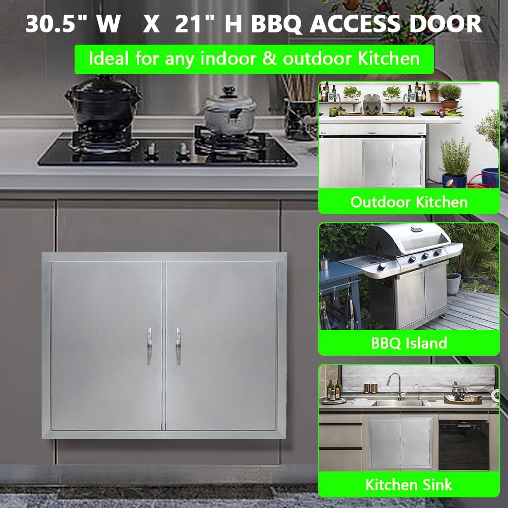 Outdoor Kitchen Doors, 30.5" W x 21" H BBQ Access Door, 304 Stainless Steel BBQ Doors for Indoor/Outdoor Kitchen, Outdoor Cabinet, BBQ Island