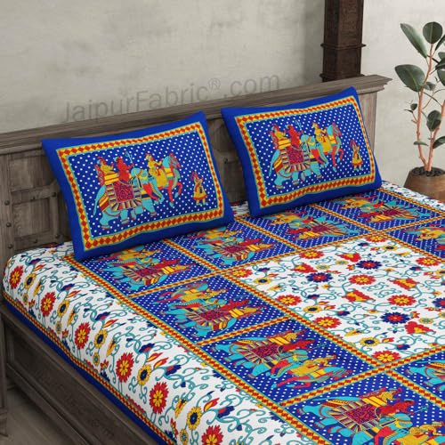 Image of JaipurFabric Cotton 180 TC Sanganeri Print Double Bedsheet with 2 Pillow Covers (90 inch X 108 inch), Blue