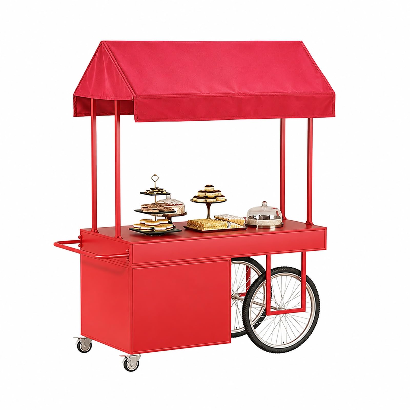 Puesto Ambulante con Toldo, Carrito de Venta para Mercadillo, Stand de Venta con Ruedas, Puesto para Exterior con Almacenaje(Red,120x70cm/47x27.5in)
