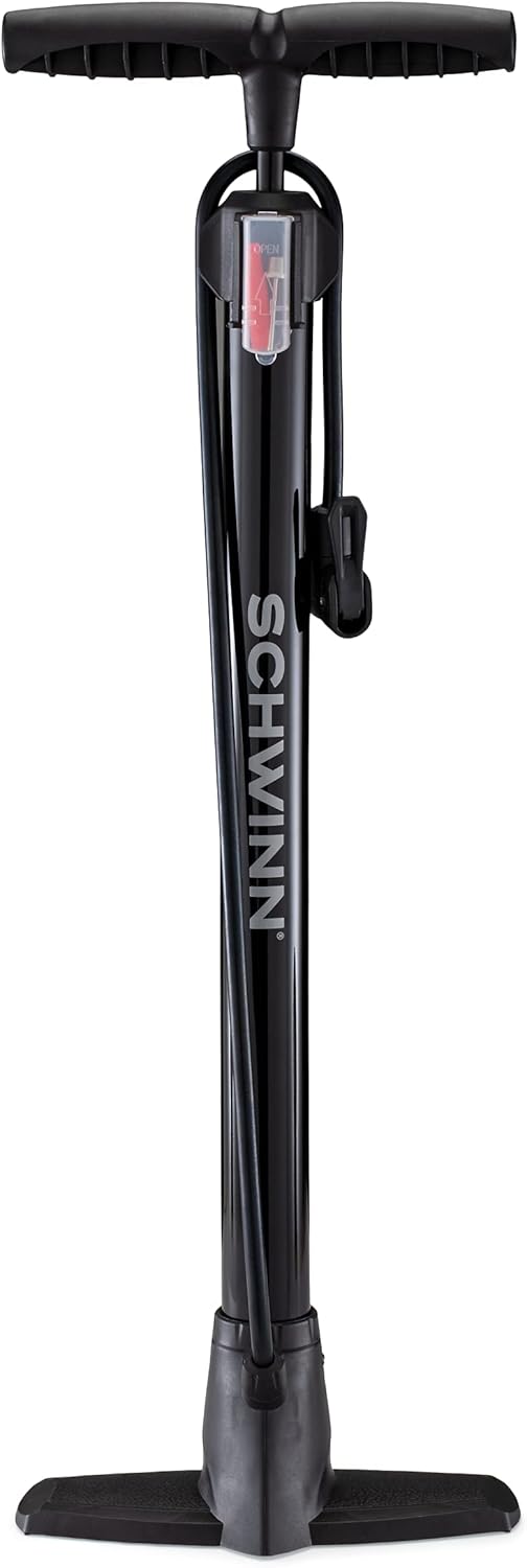 Schwinn Basic and Air Center Floor Bike Pump, Up to 120 Max PSI, Dual Head Fits Schrader and Presta Valve Types, Easy-to-Carry Portable and Convenient Design, Bicycle Essentials for Easy Road Riding