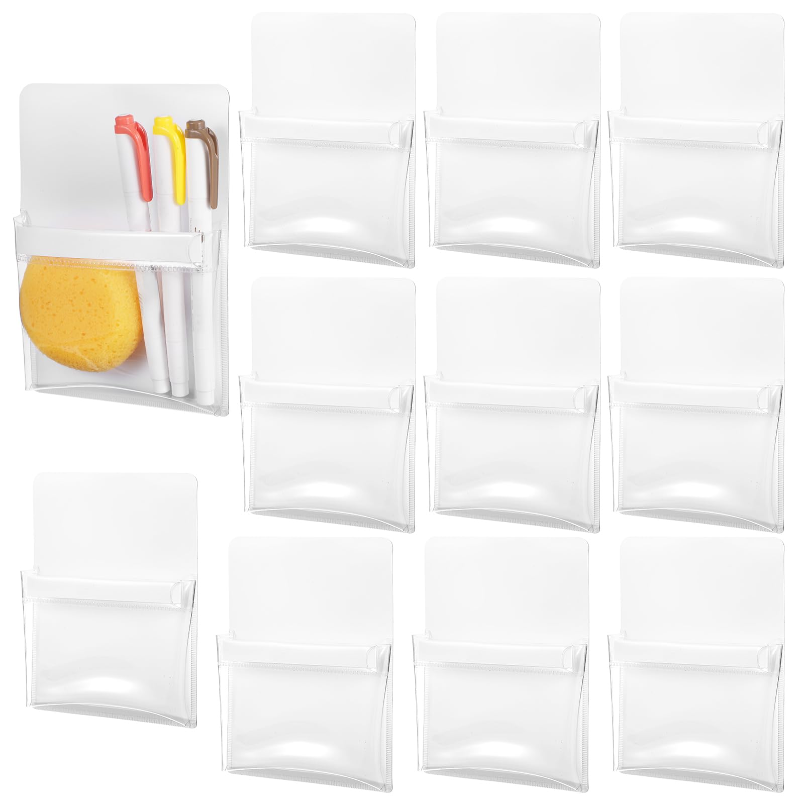 10 Pcs Magnetic Pen Marker Holders, Magnetic Pocket Pouch 4.7 x 6.5 Clear File Holder for Fridge Whiteboard Locker, Magnet Pen Dry Erase Marker Storage Organizer Accessories(White)