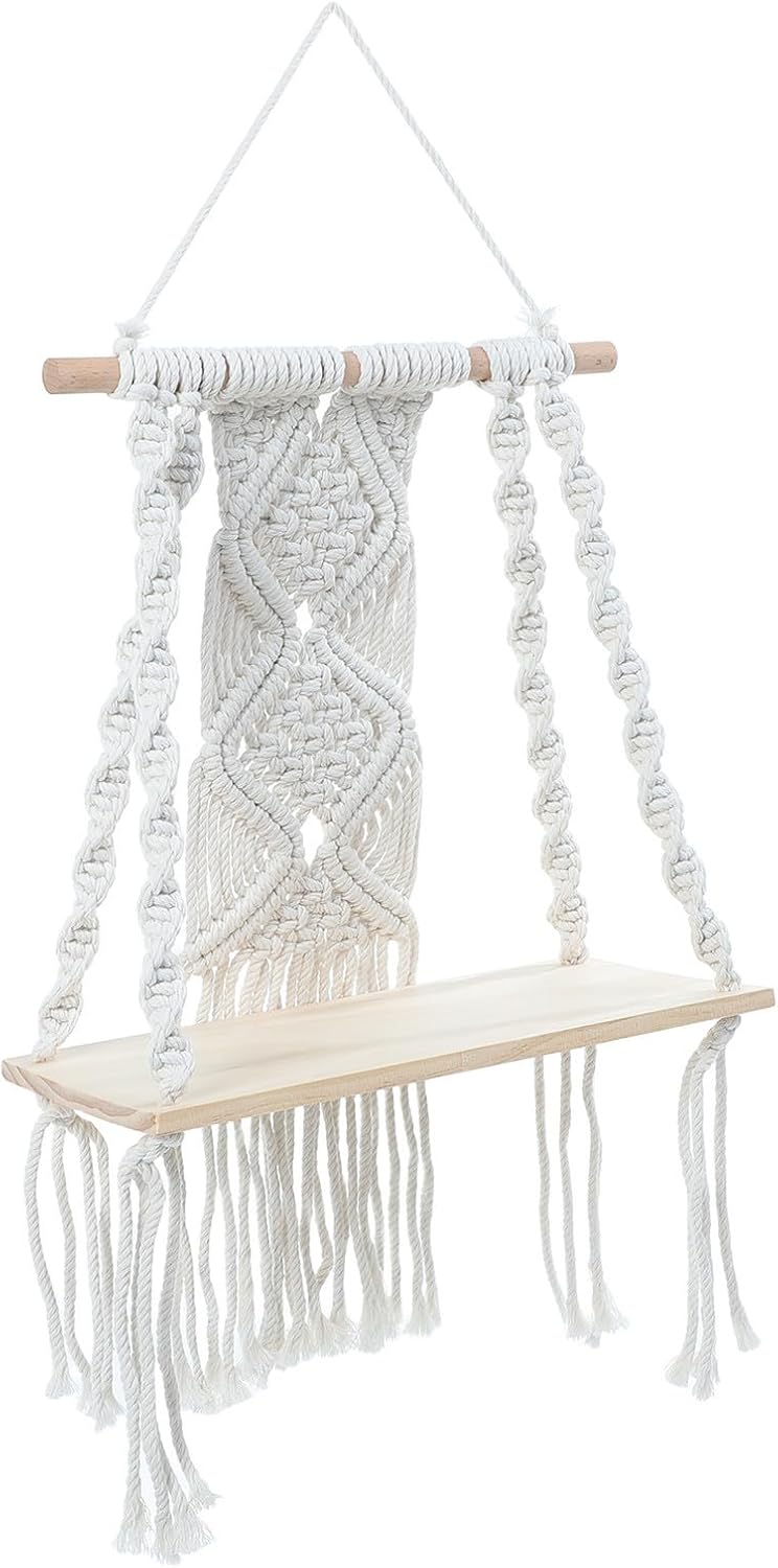 Toyvian Boho Macrame Wall Hanging Shelf for Plants Lightweight Portable Cotton Decorative Floating Wall Shelf Beige Artistic Design for Home