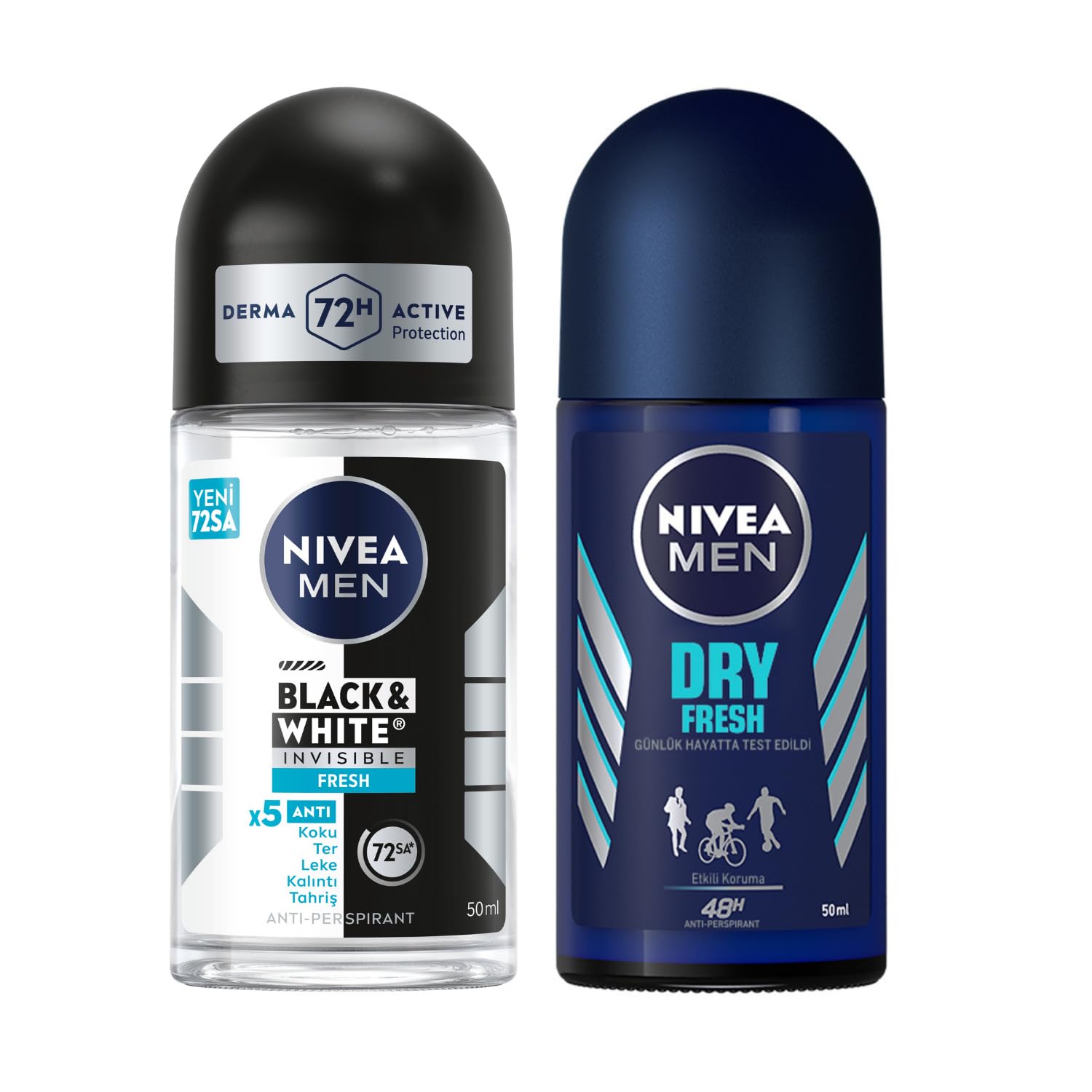 NIVEA Men Erkek Roll On Deodorant Dry Fresh 72 Saat Anti-Perspirant Koruma, Ekstra Kuruluk, 50 ml + NIVEA Men Erkek Roll On Deodorant Black&White Invisible Fresh 48 Saat Anti-Perspirant Koruma, 50 ml