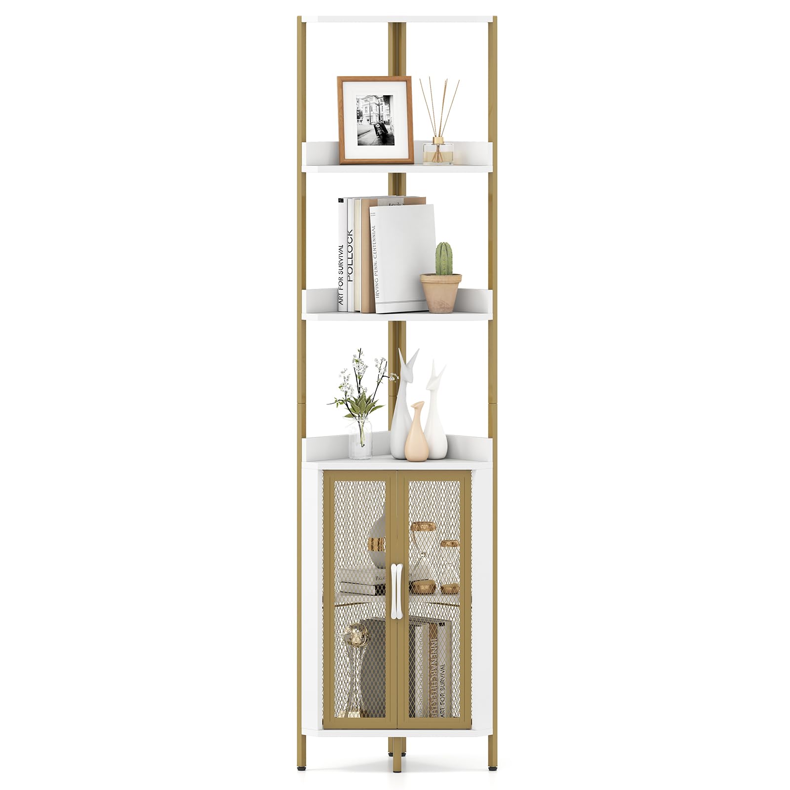 COSTWAY Estanteria Esquinera de 6 Niveles, Estanteria Esquina con Gabinete y Puertas, Estante Ajustable, Libreria Rinconera para Plantas, Salon Dormitorio Oficina Cocina, 32 x 32 x 170 cm (Blanco)