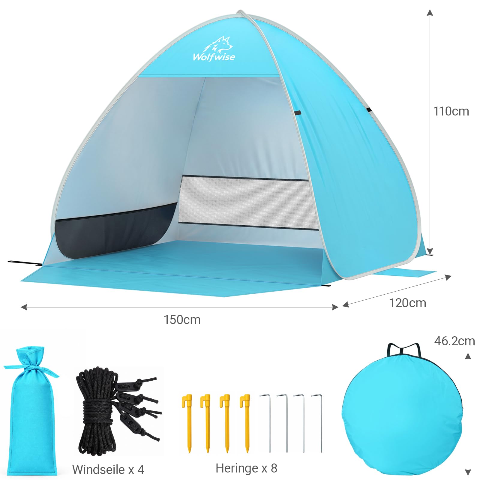 WolfWise Tenda da Spiaggia Pop-Up, Riparo da Spiaggia con Protezione UV 50+, Montaggio in Pochi Secondi, Idrorepellente e Ventilata