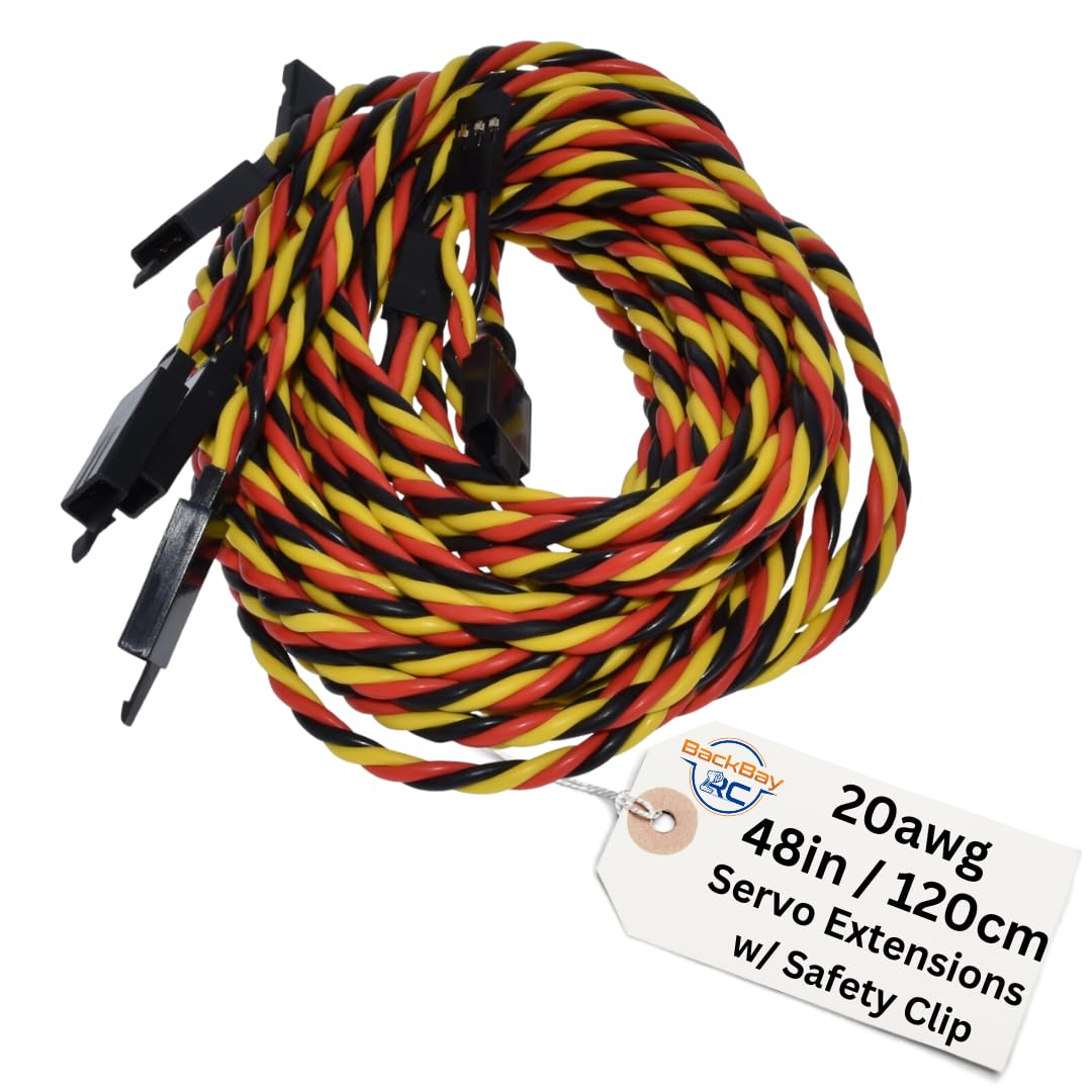 BackBayRC - 20awg Servo Extension Wire w/Safety Clip - 100 Strands for RC Vehicles, Drones, E-Bikes - 8 Lengths / 5 Wires per Pack (120CM / 48in)