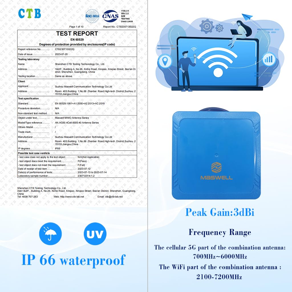 Maswell IoT M2M Antenna Esterna, 2X2 MIMO 5G + 2X2 MIMO WiFi 7, Omni 700-6000 MHz con 5G NR 4G LTE, WiFi 6E Bluetooth WiMAX e Zigbee, montaggio a vite e adesivo, basso guadagno non per competizione di