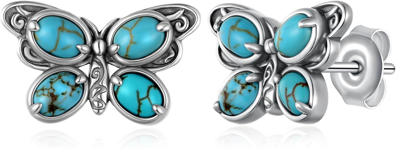 Turquoise Butterfly Earrings 925 Sterling Silver Genuine Natural Turquoise Earring Vintage Oxidized Exquisite Jewelry for Women