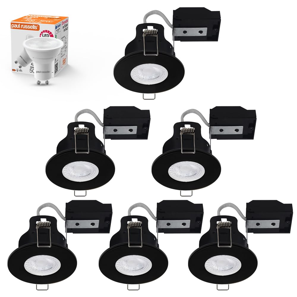 paul russells Dimmable LED Downlights Recessed Ceiling Lights, Fire Rated GU10 Spotlights Can, 65-70mm, IP65, 4.5W = 50W Equivalent, Black Bezel, Include 6500K Daylight White Bulb, 6 Packs