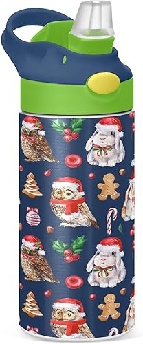 Botella de agua de Navidad con popote para niños y niñas, con aislamiento térmico, de acero inoxidable, para la escuela, niños y niñas, sin BPA, 12