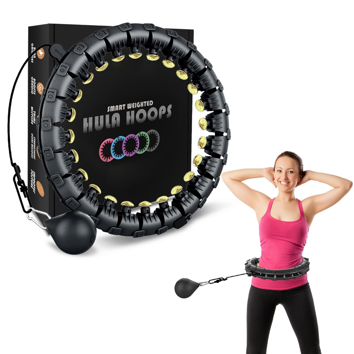 K-MART Smart Hula Ring Hoops, Weighted Hula Circle 24 Detachable Fitness Ring with 360 Degree Auto-Spinning Ball Gymnastics, Massage, Adult Fitness for Weight Loss (Pink) (Gold Black)