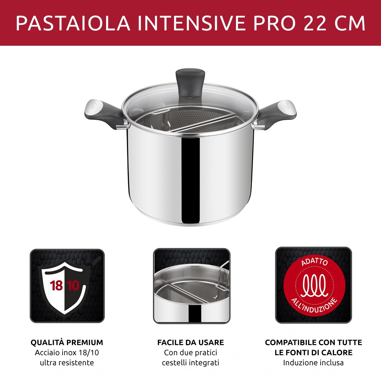 Lagostina Intensive Pro, Pastaiola Antiaderente 22 cm, Rivestimento Titanio Antigraffio, Cottura Rapida e Uniforme, Adatta a Tutte le Fonti di Calore Inclusa Induzione