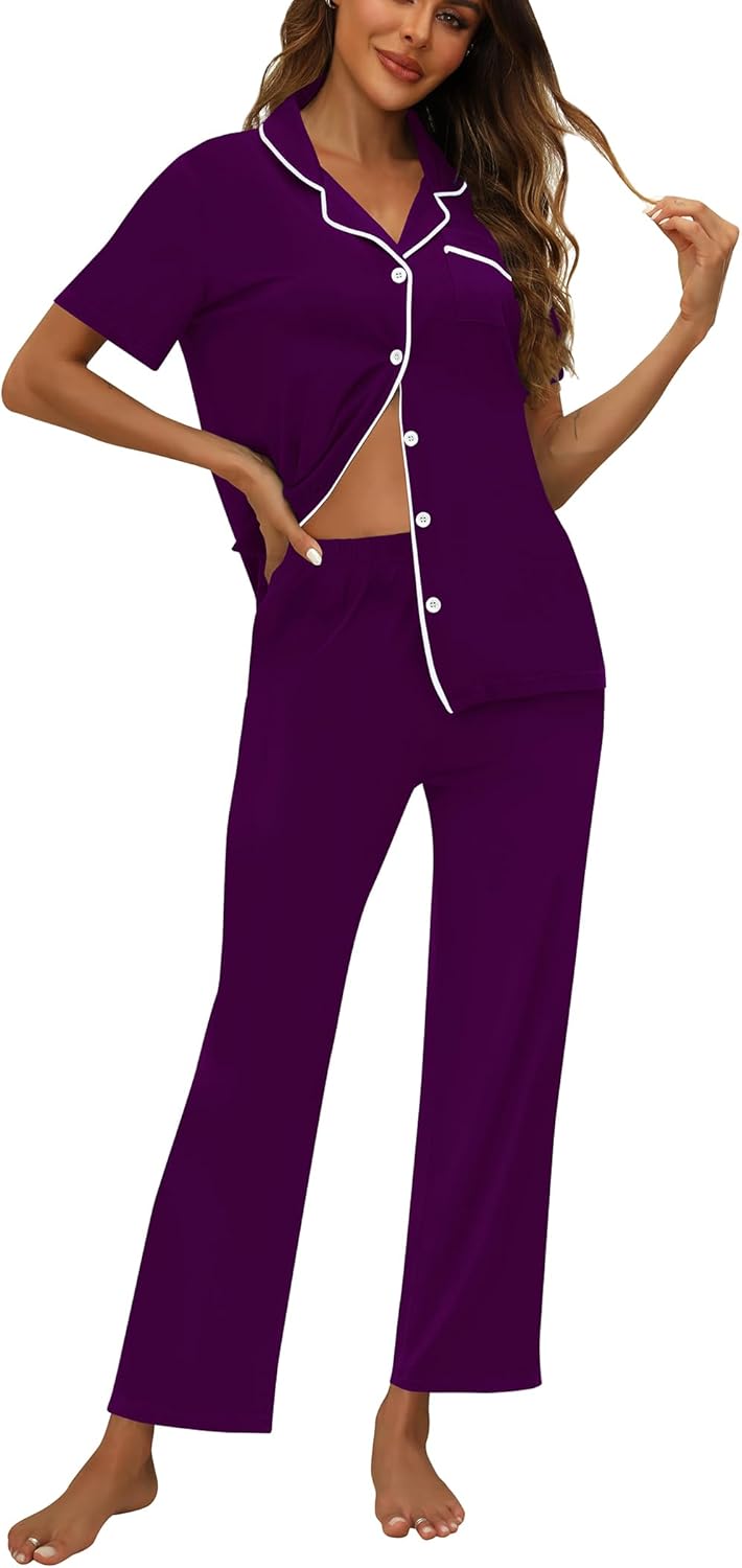 ZMJ Womens Pajamas Sets 2 Piece Button Up Pj Sets Short Sleeve with Long Pant