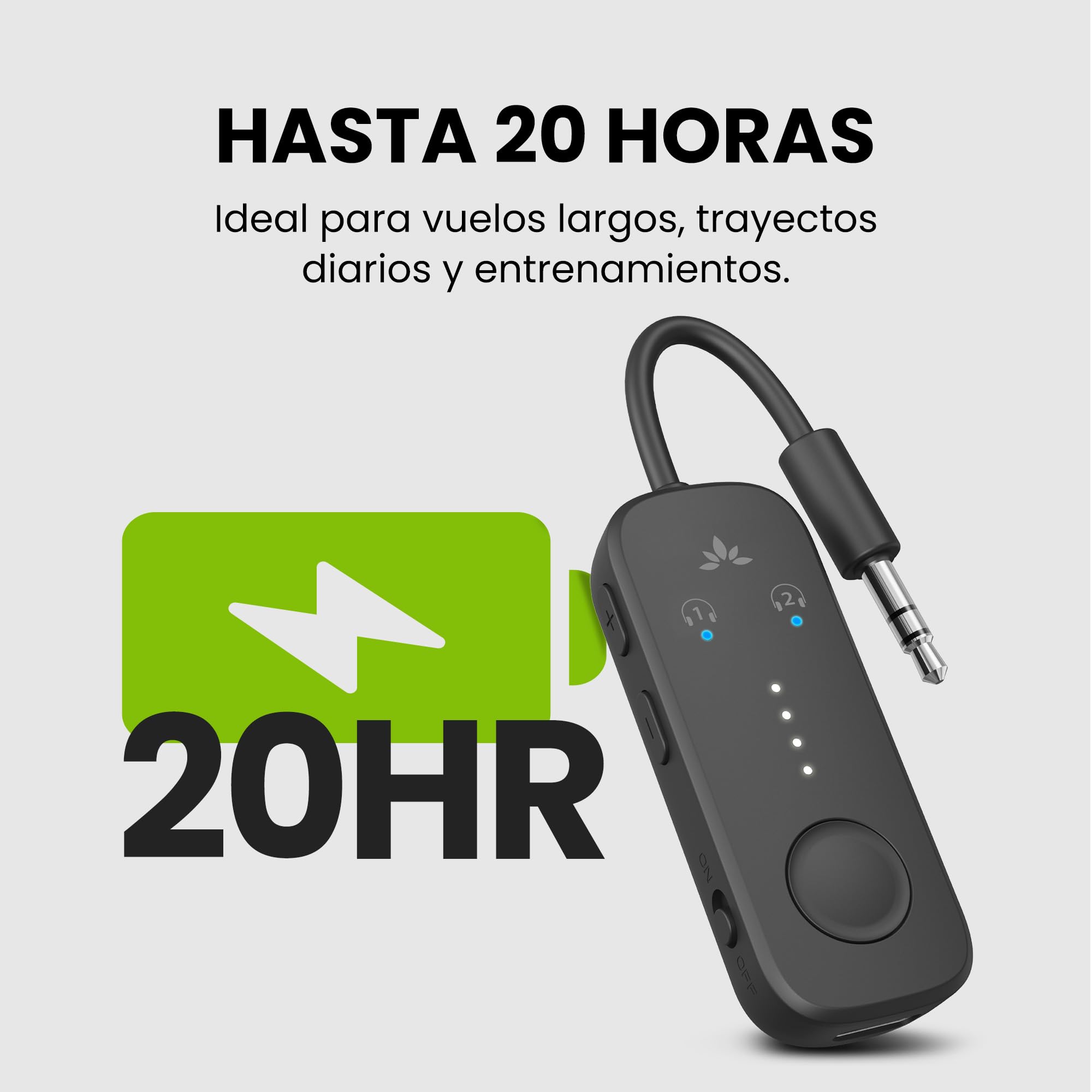 Avantree Relay – Adaptador Bluetooth 5.3 para Avión con Qualcomm aptX Adaptive, Compatible con 2 AirPods o Auriculares, 20 h de Batería, Transmisor de Audio 3,5 Mm AUX para Viaje, Vuelo, Gimnasio