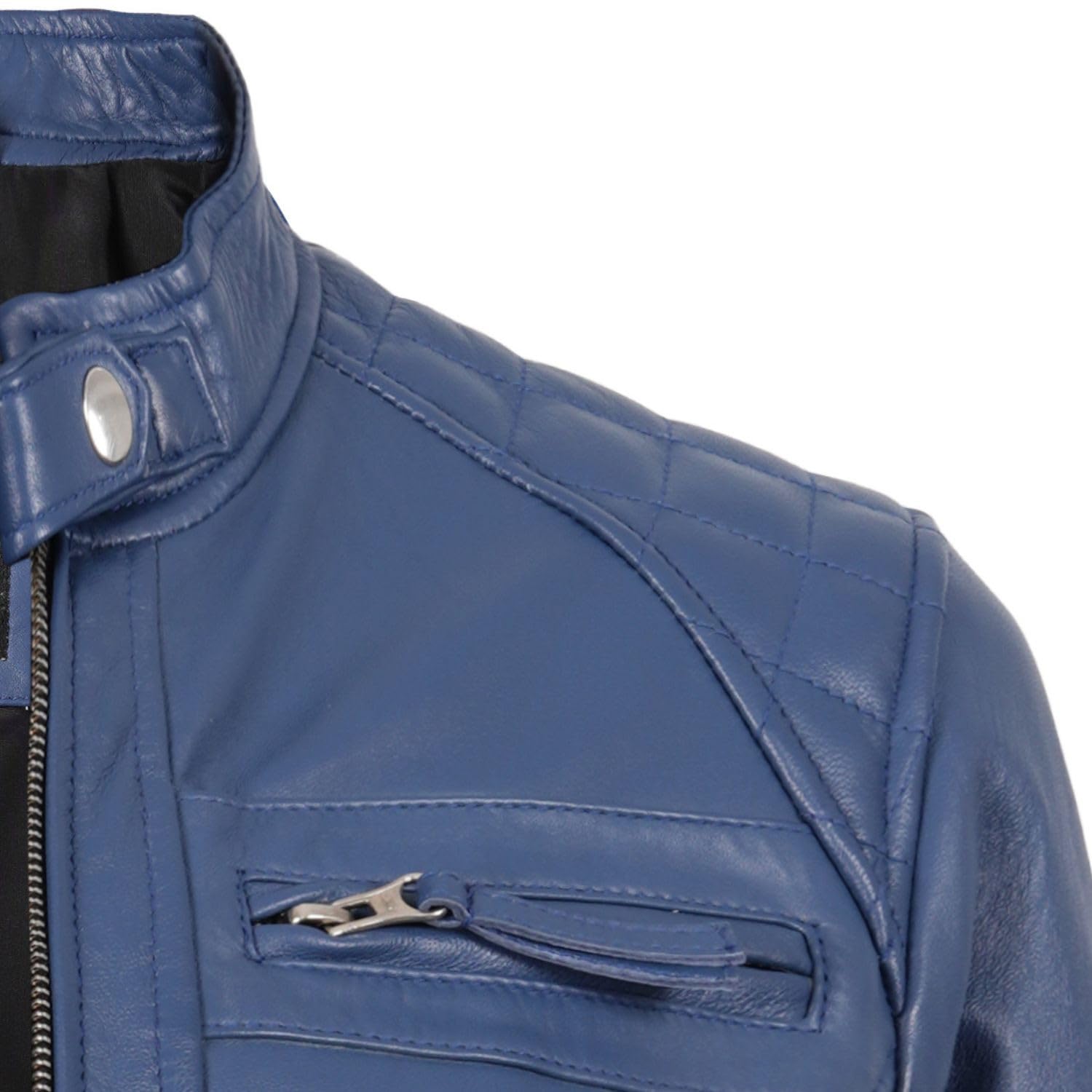 fjackets Damen Lederjacke - Echtes Lammfell Cafe Racer Moto Biker Steppjacke Reißverschluss Jacke für Frauen, Blau, Medium