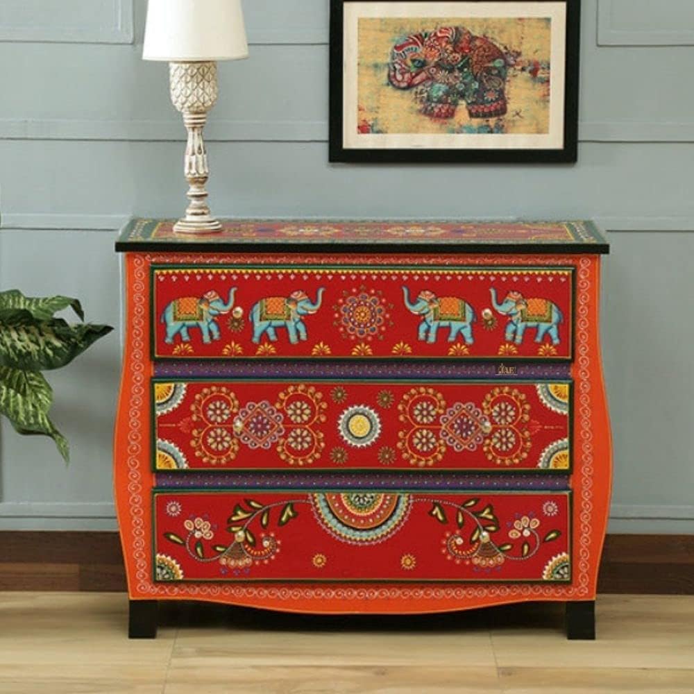APRODZ Wooden Handpainted Chest of Drawer | Wooden Antique Cabinet for Storage | Solid Wood Chest | Wooden Drawer Furniture | 3 Drawers | Red-image-38